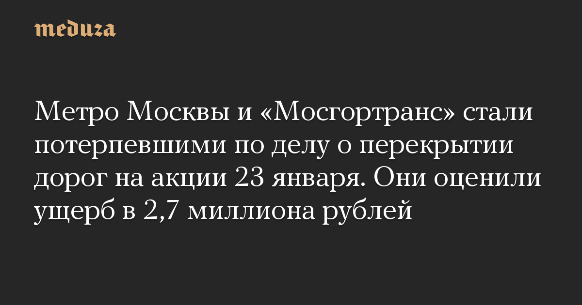 Метро Москвы и Мосгортранс стали потерпевшими по делу о перекрытии дорог на акции 23 января. Они оценили ущерб в 2,7 миллиона рублей